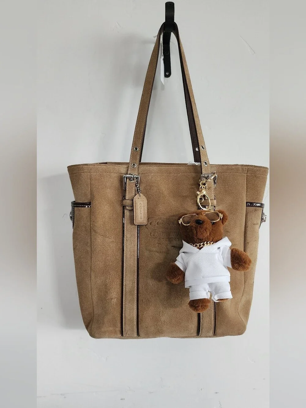 Coach Suede Tote in Camel Brown with Bear Charm